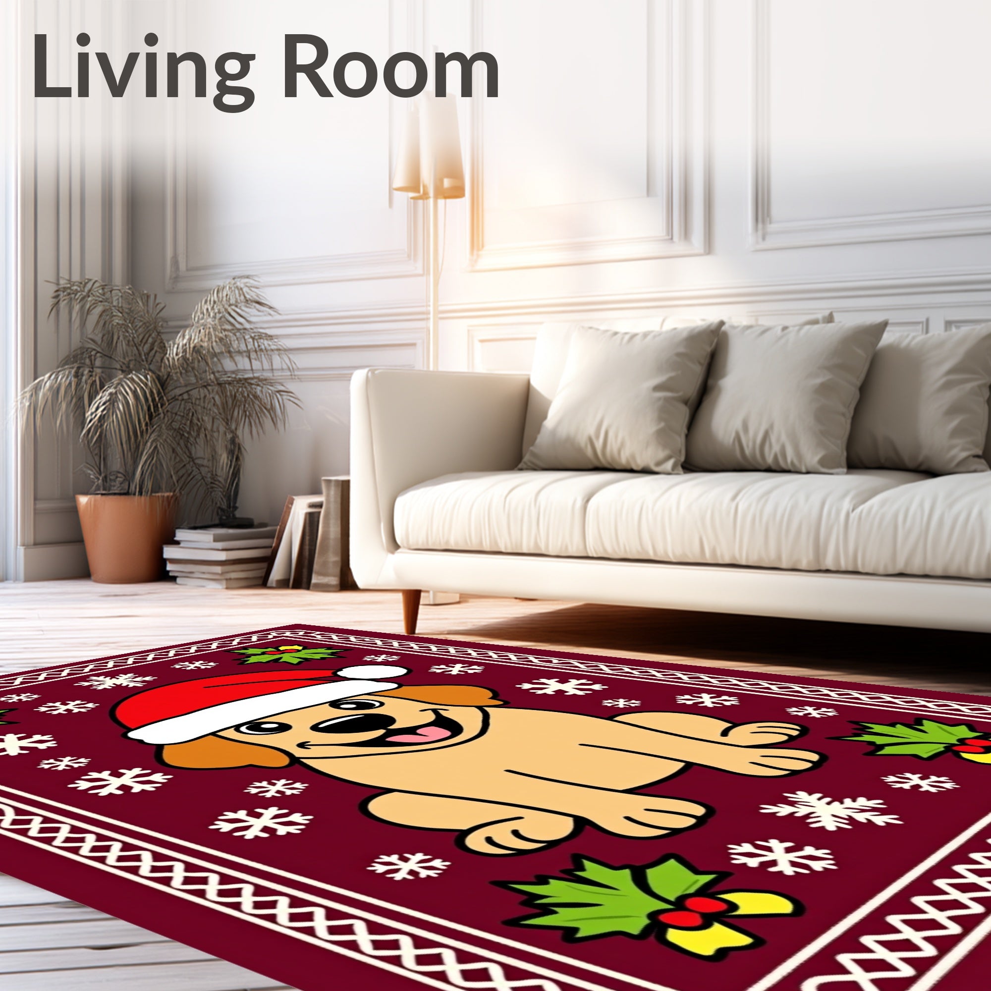 Festive Golden Puppy Wearing Santa Hat Rug