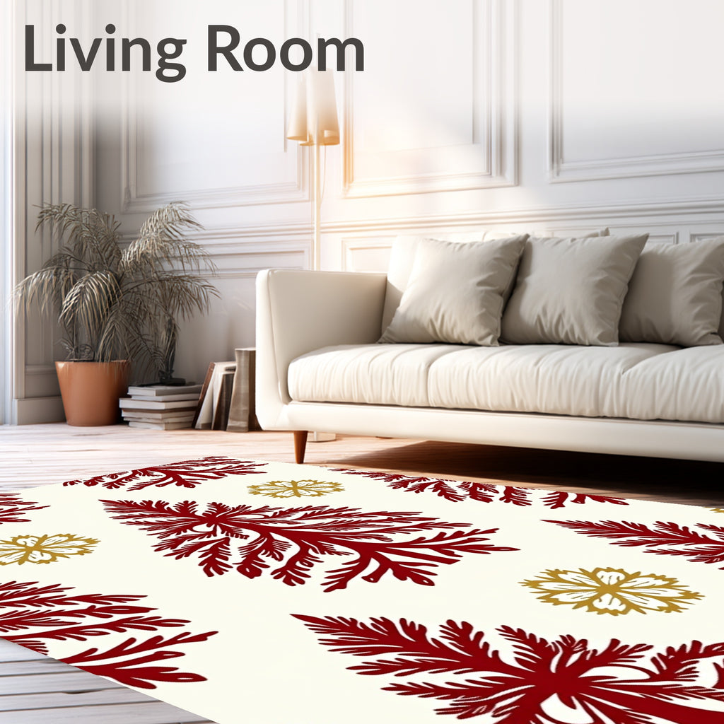 Crimson Pine Trees Gold Snowflakes Rug