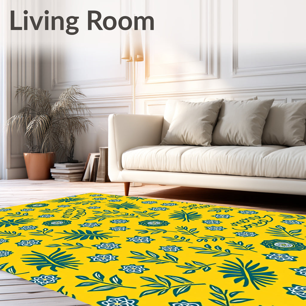 Yellow Teal Botanical Floral Medallion Rug