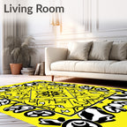Yellow and Black Abstract Geometric Medallion Rug
