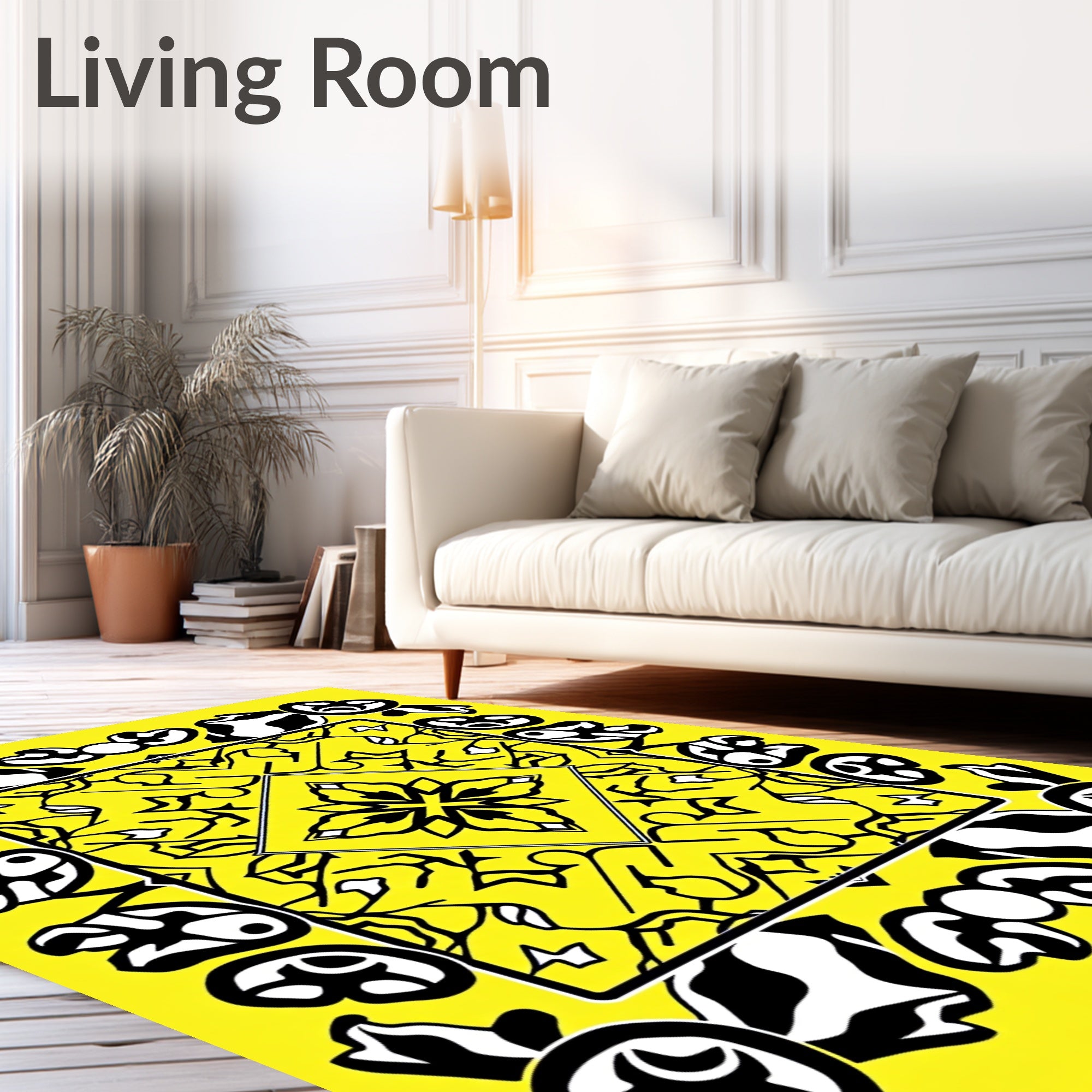 Yellow and Black Abstract Geometric Medallion Rug