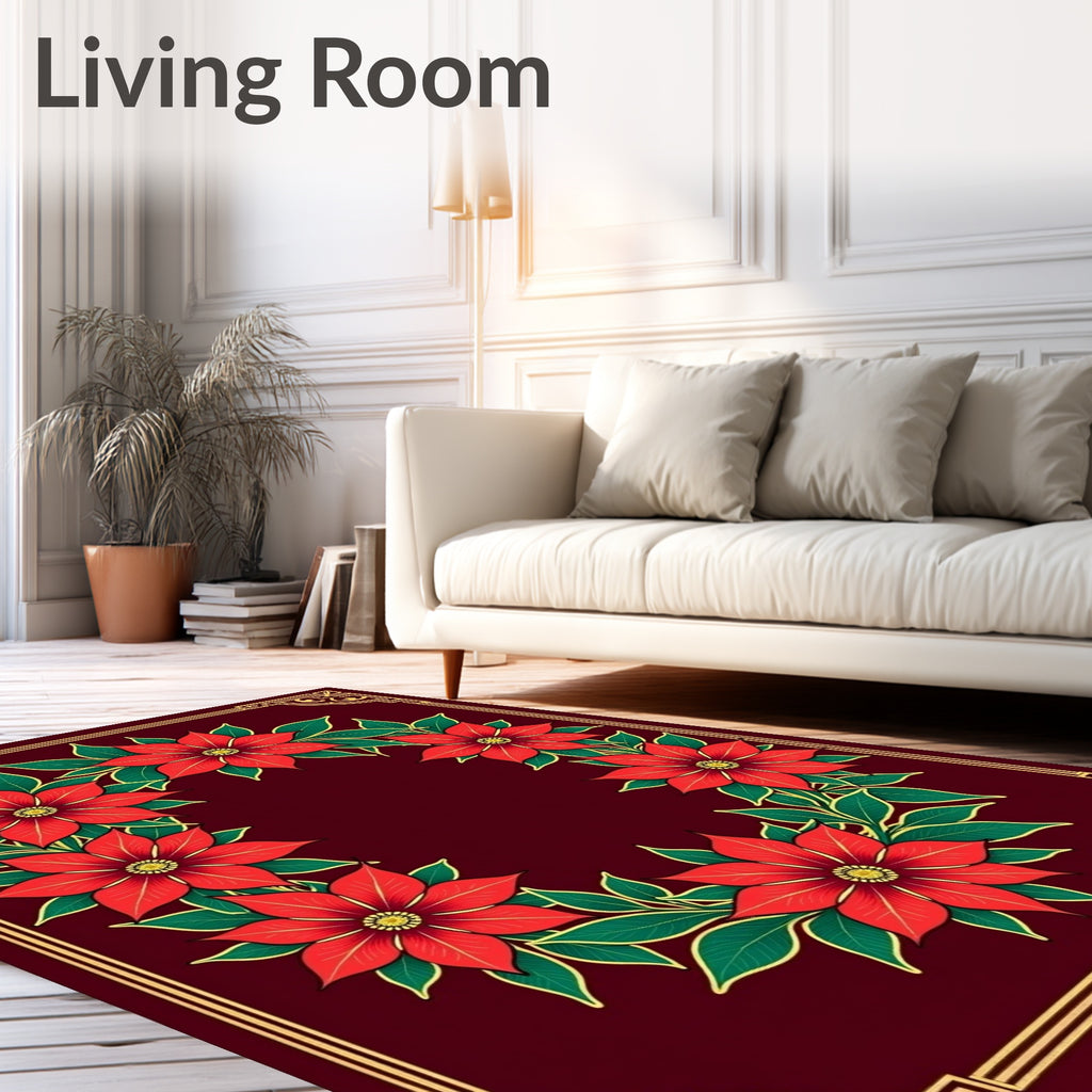 Red Poinsettia Wreath Border Rug