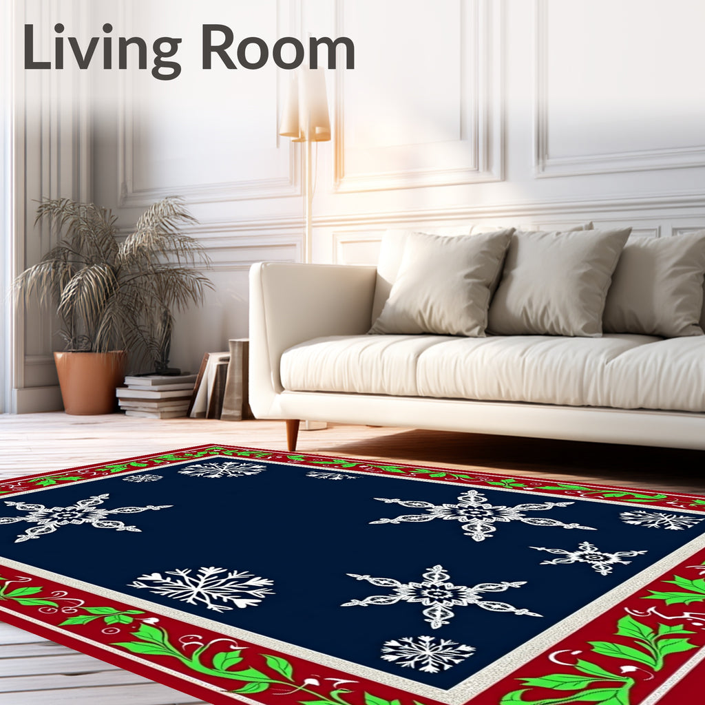 Festive White Snowflake Navy Border Rug