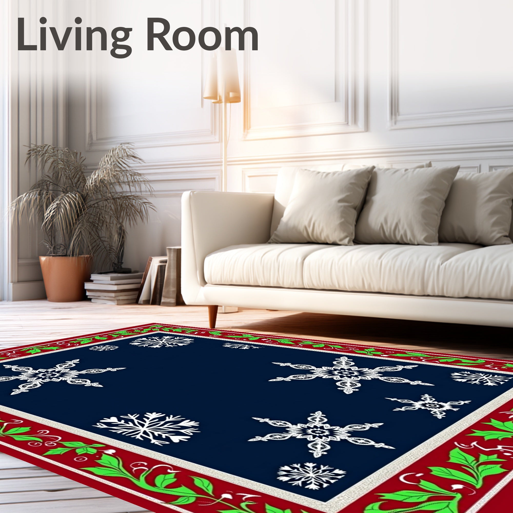 Festive White Snowflake Navy Border Rug