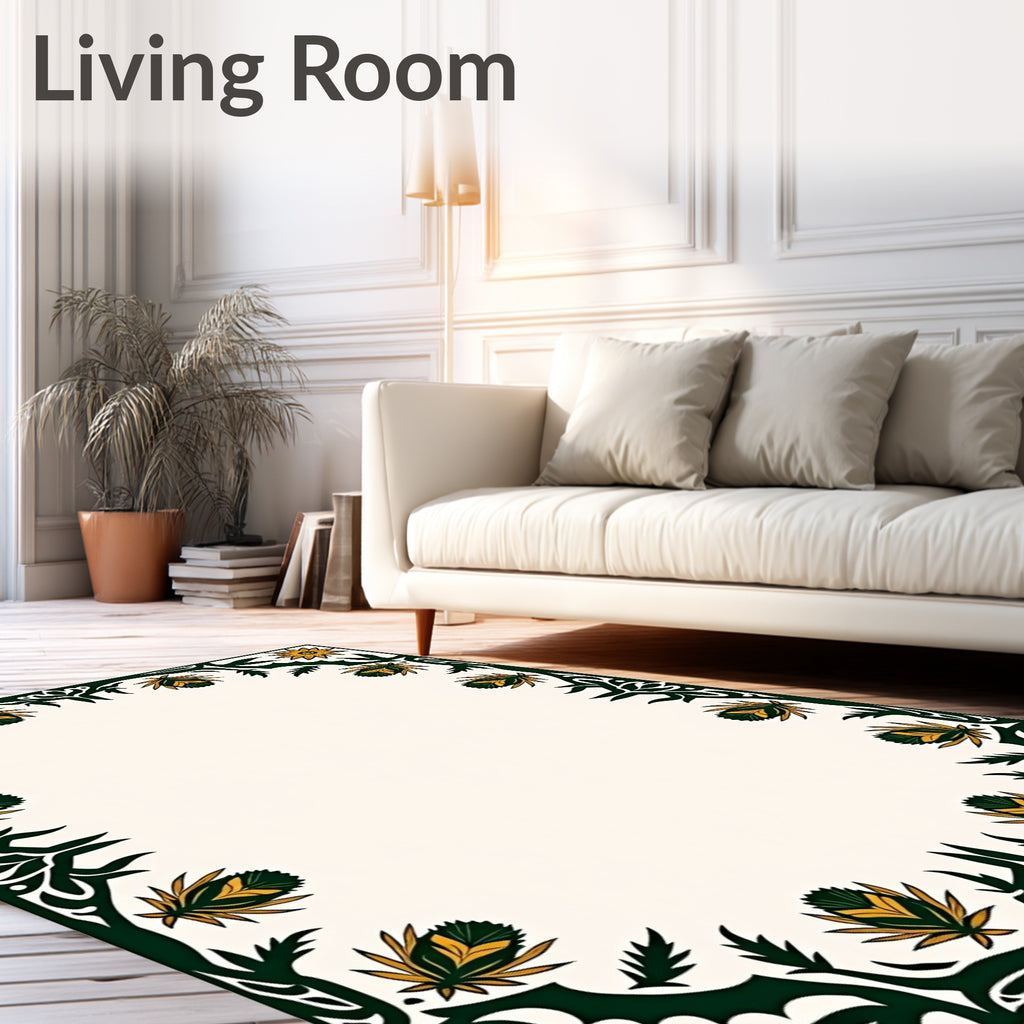 Ornate Green Gold Floral Border Rug