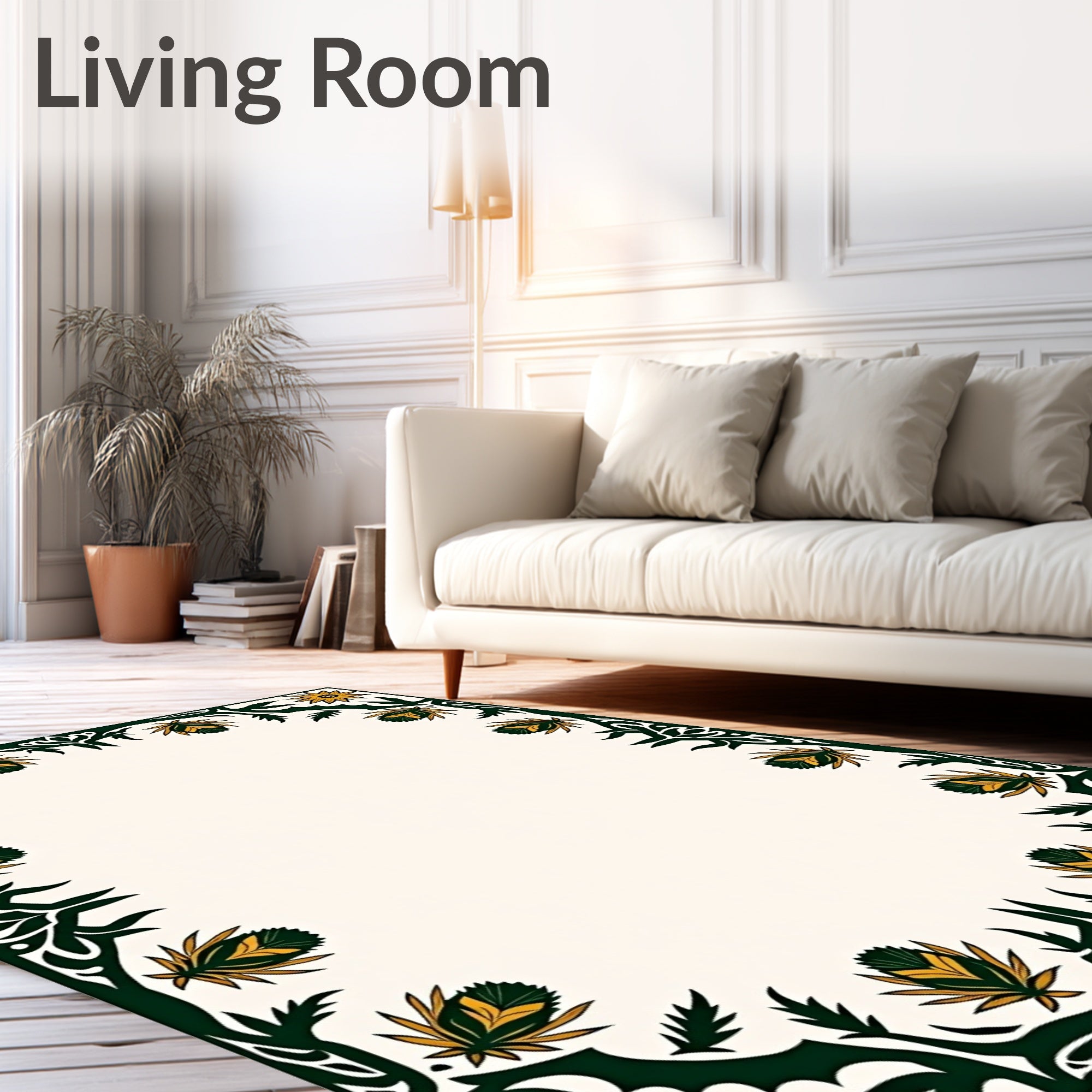 Ornate Green Gold Floral Border Rug
