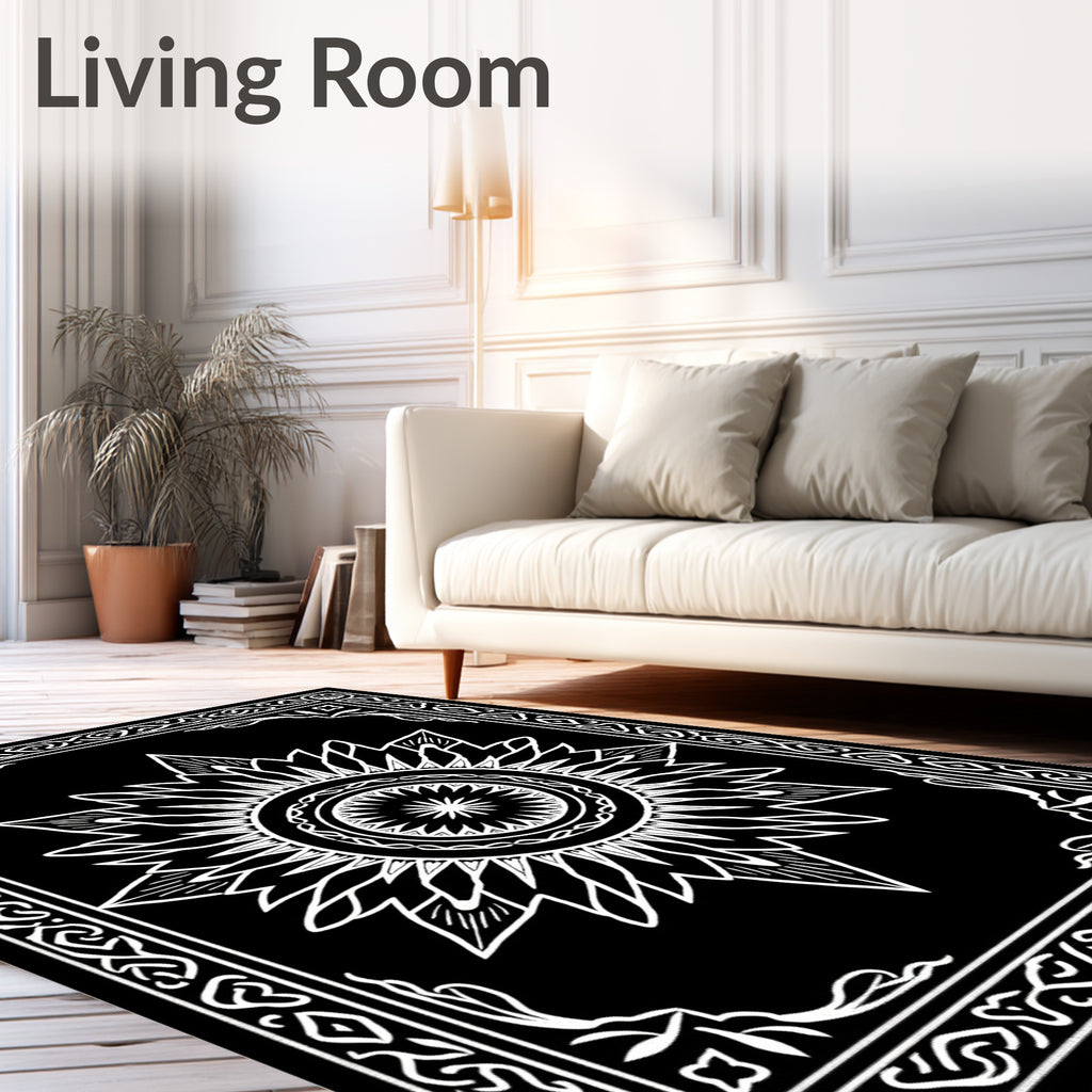 Black White Sunburst Mandala Border Rug