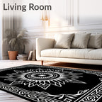 Black White Sunburst Mandala Border Rug