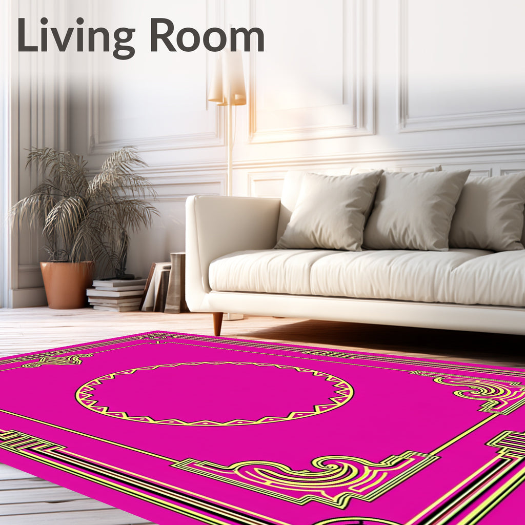 Bold Magenta Golden Geometric Frame Rug