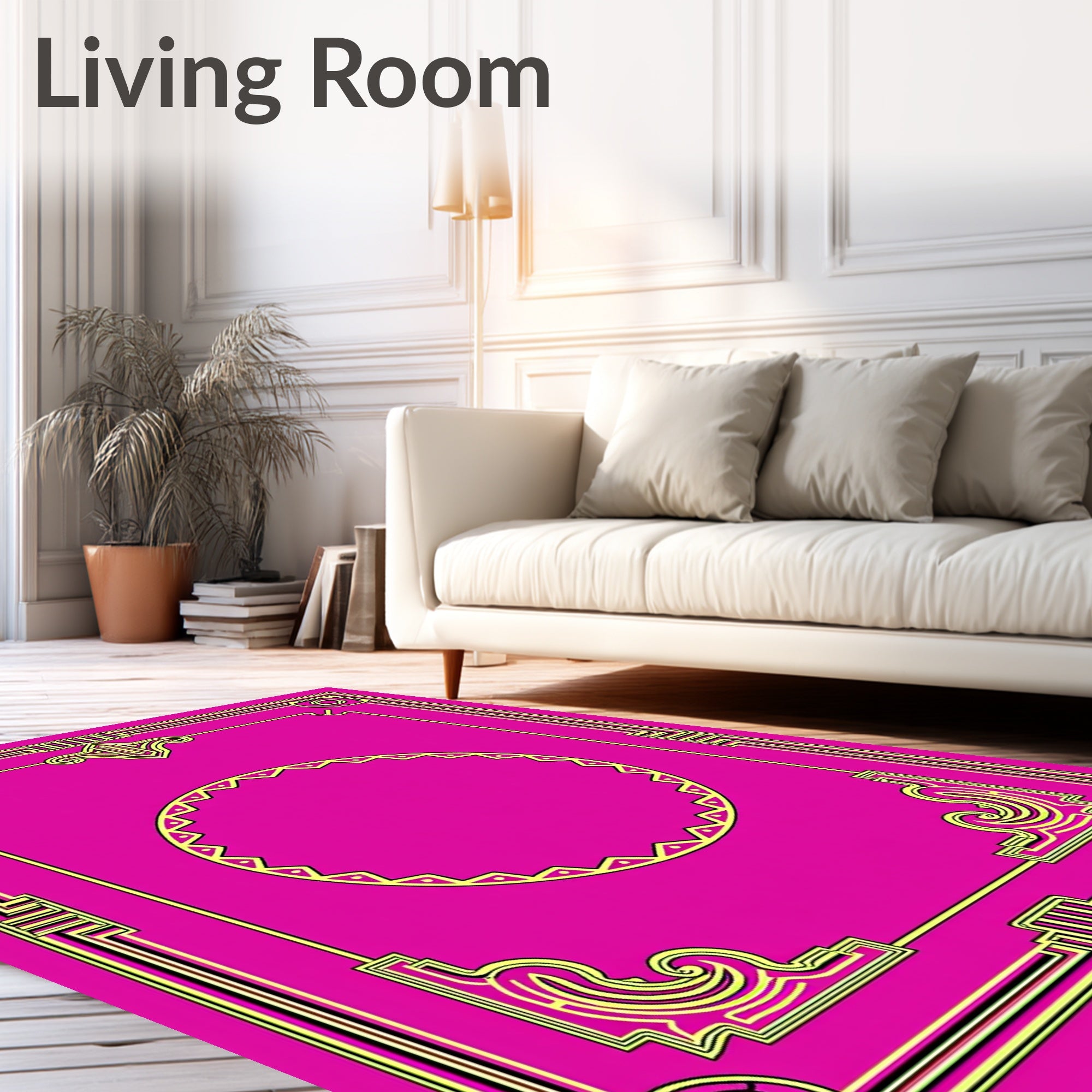 Bold Magenta Golden Geometric Frame Rug
