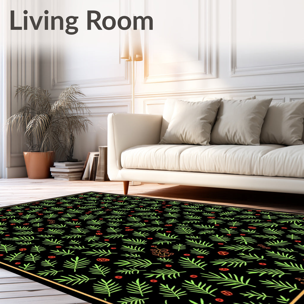 Emerald Pine Sprigs Red Orb Folk Art Rug