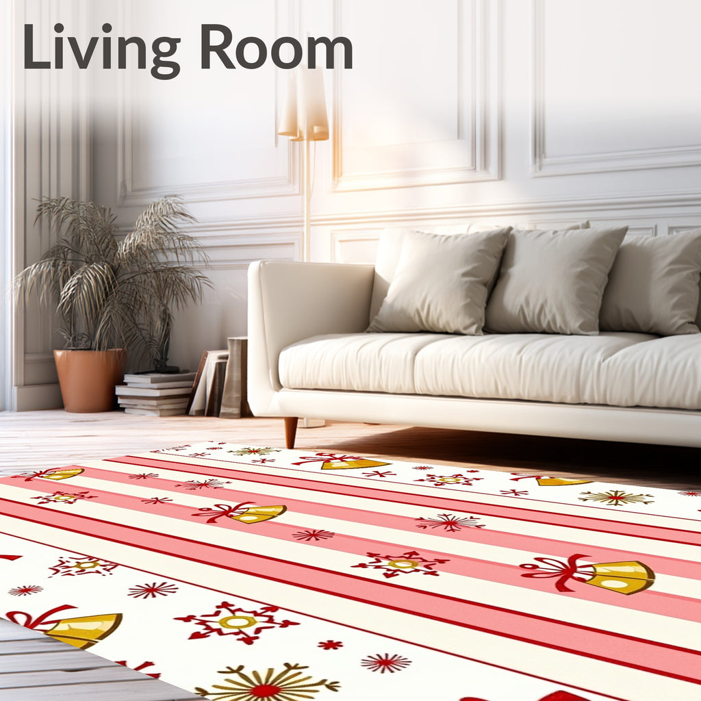 Festive Gold Bells Red Snowflake Stripes Rug
