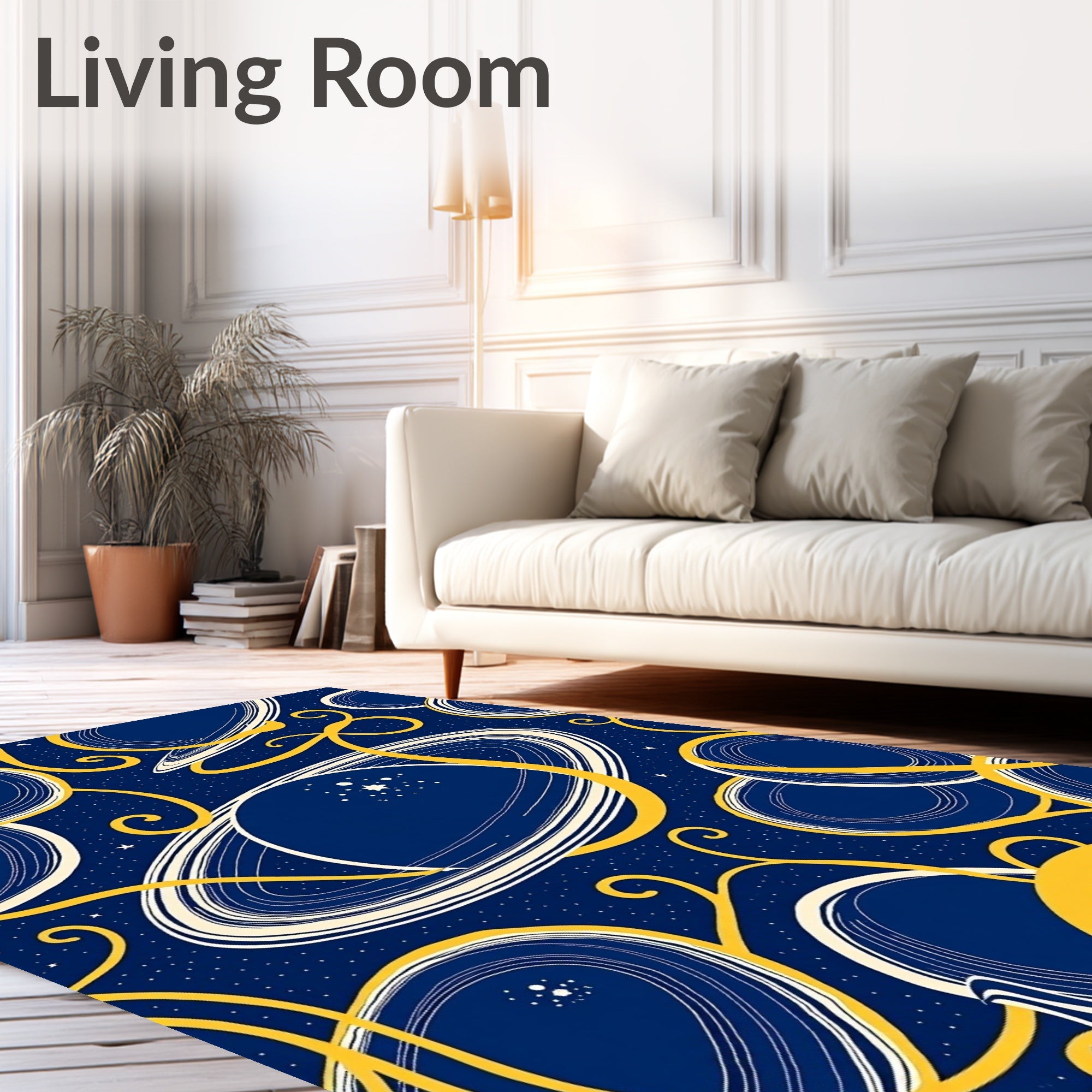 Cosmic Gold and Blue Planet Rings Rug