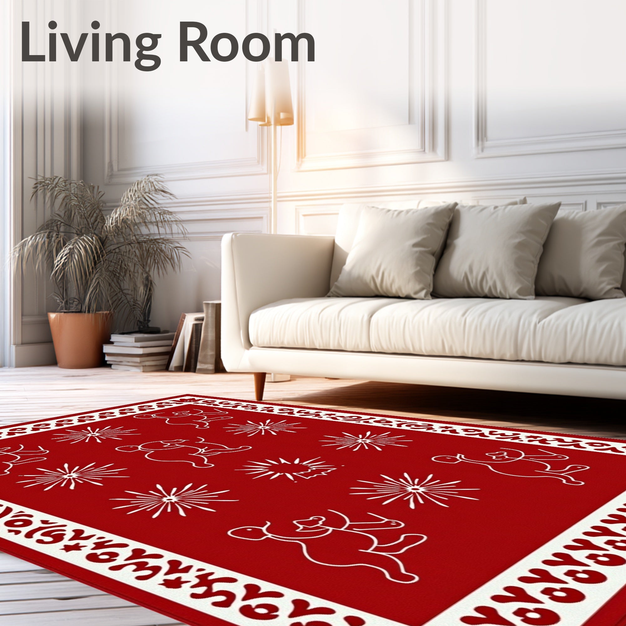 Red And White Whimsical Figures Fireworks Rug