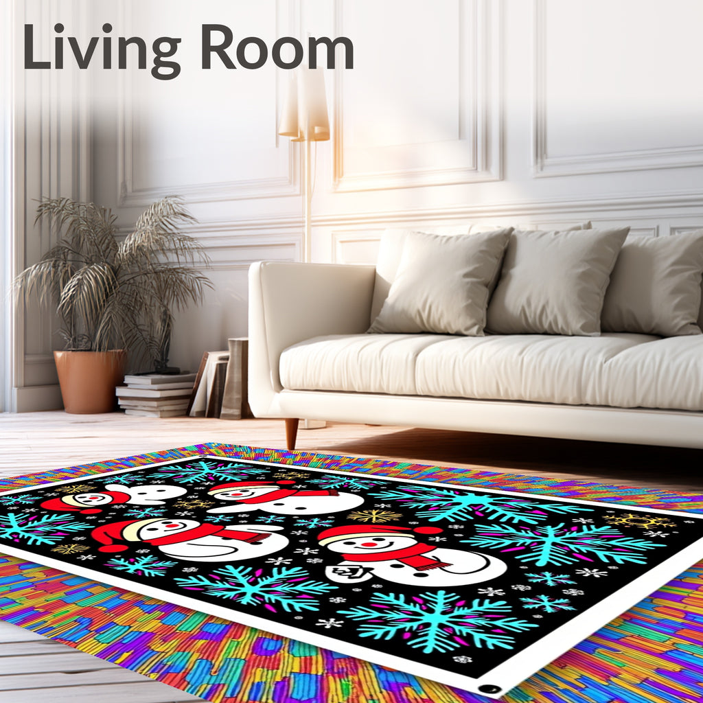 Festive Snowman Snowflakes Rainbow Background Rug