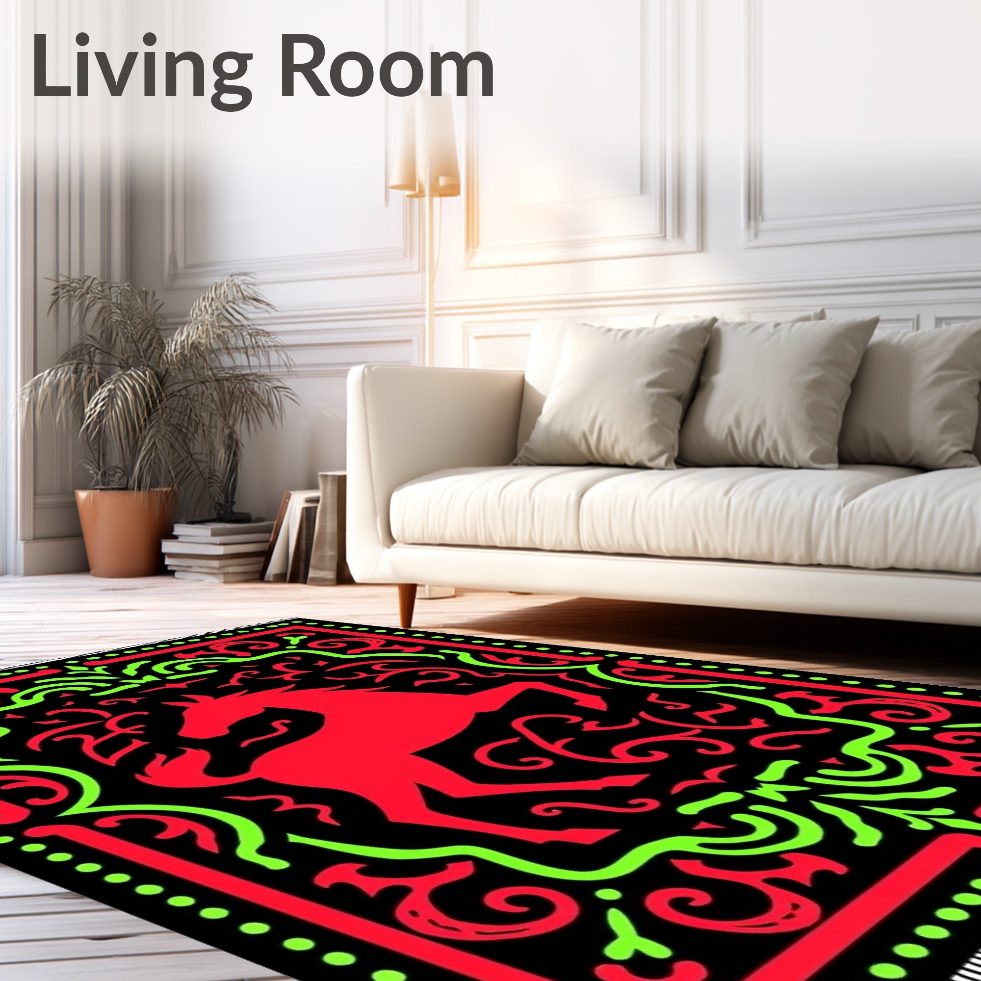 Bold Red Horse Black Ornament Rug