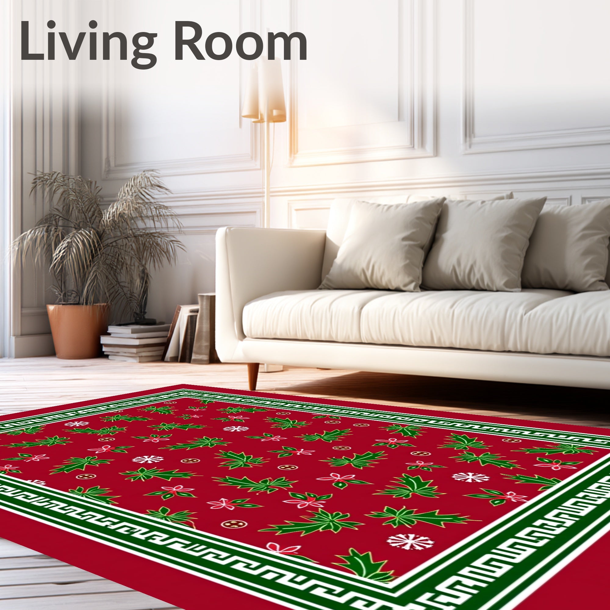 Red Green Leaf Snowflake Border Rug