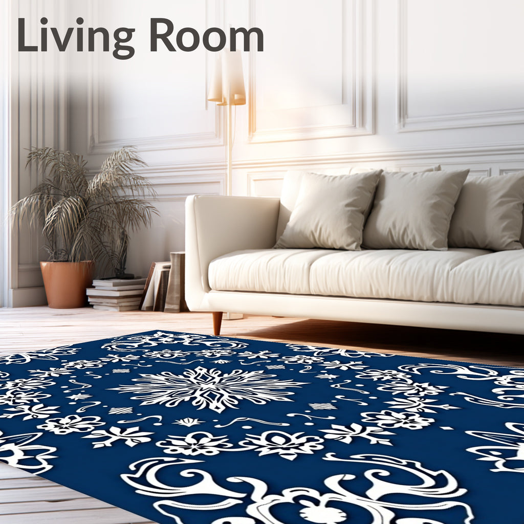 Deep Blue White Floral Snowflake Harmony Rug