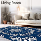 Deep Blue White Floral Snowflake Harmony Rug