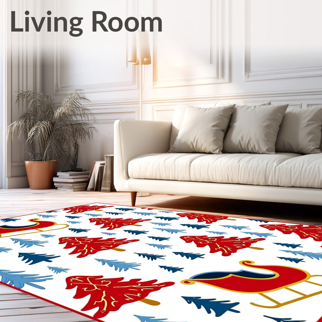 Red Sleigh Blue Pine Trees Rug