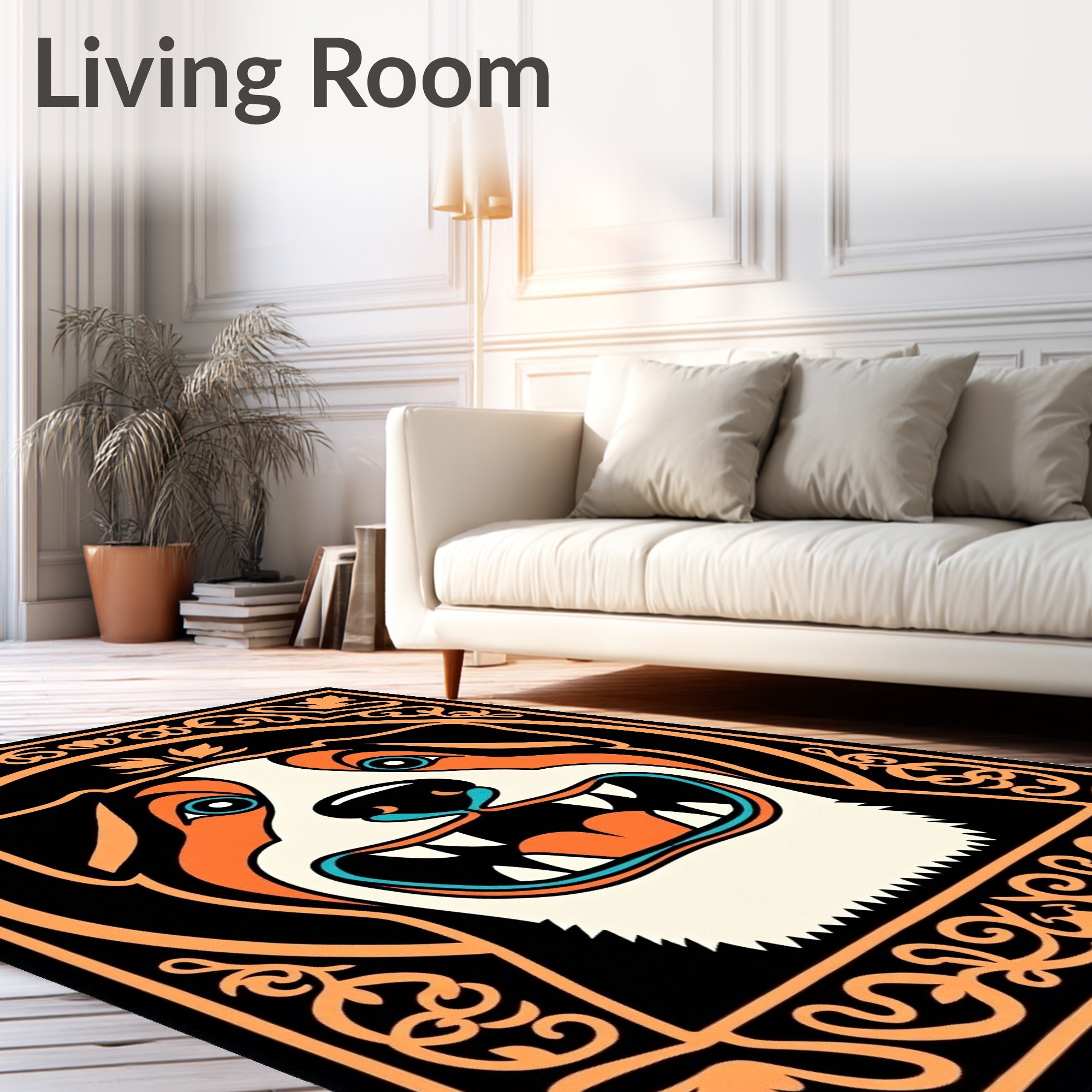 Bright Orange Dog Face Bordered Rug