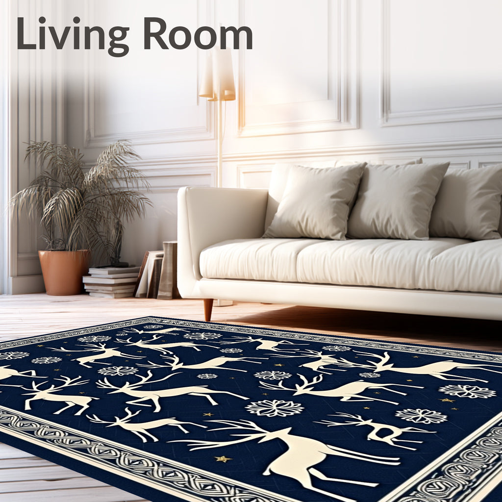 Midnight Navy Reindeer Snowflake Wonder Rug