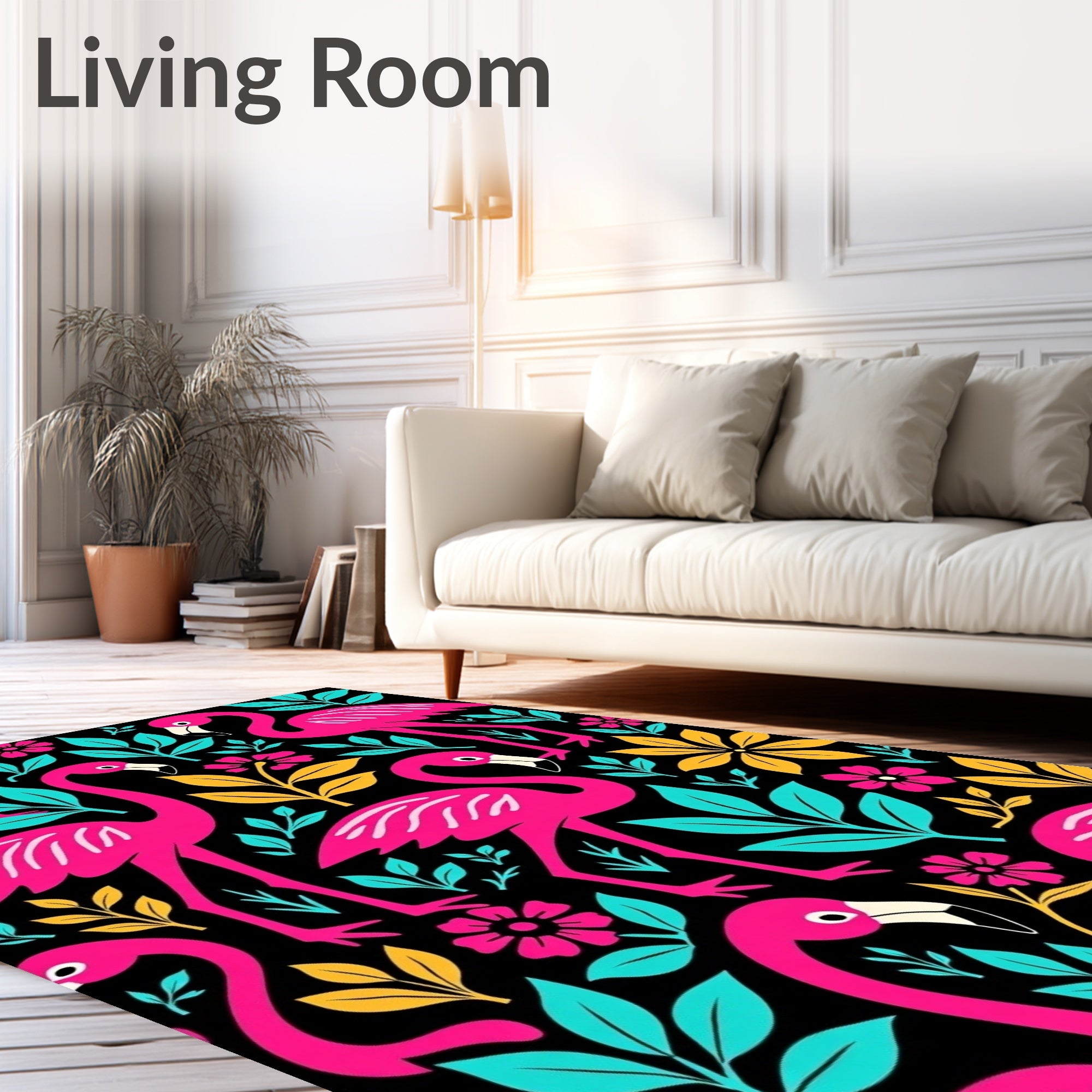Vibrant Pink Flamingo Tropical Foliage Rug