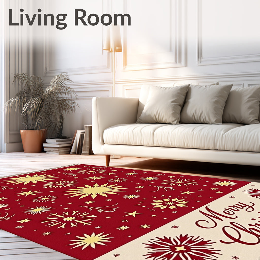 Festive Red Gold Snowflake Christmas Rug