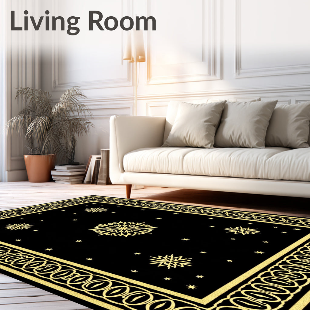 Golden Snowflake Black Celestial Rug