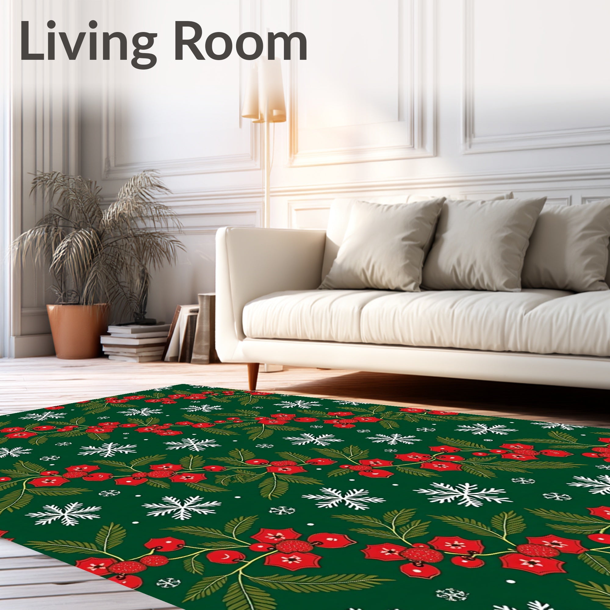 Forest Green Holly Berry Snowflakes Rug