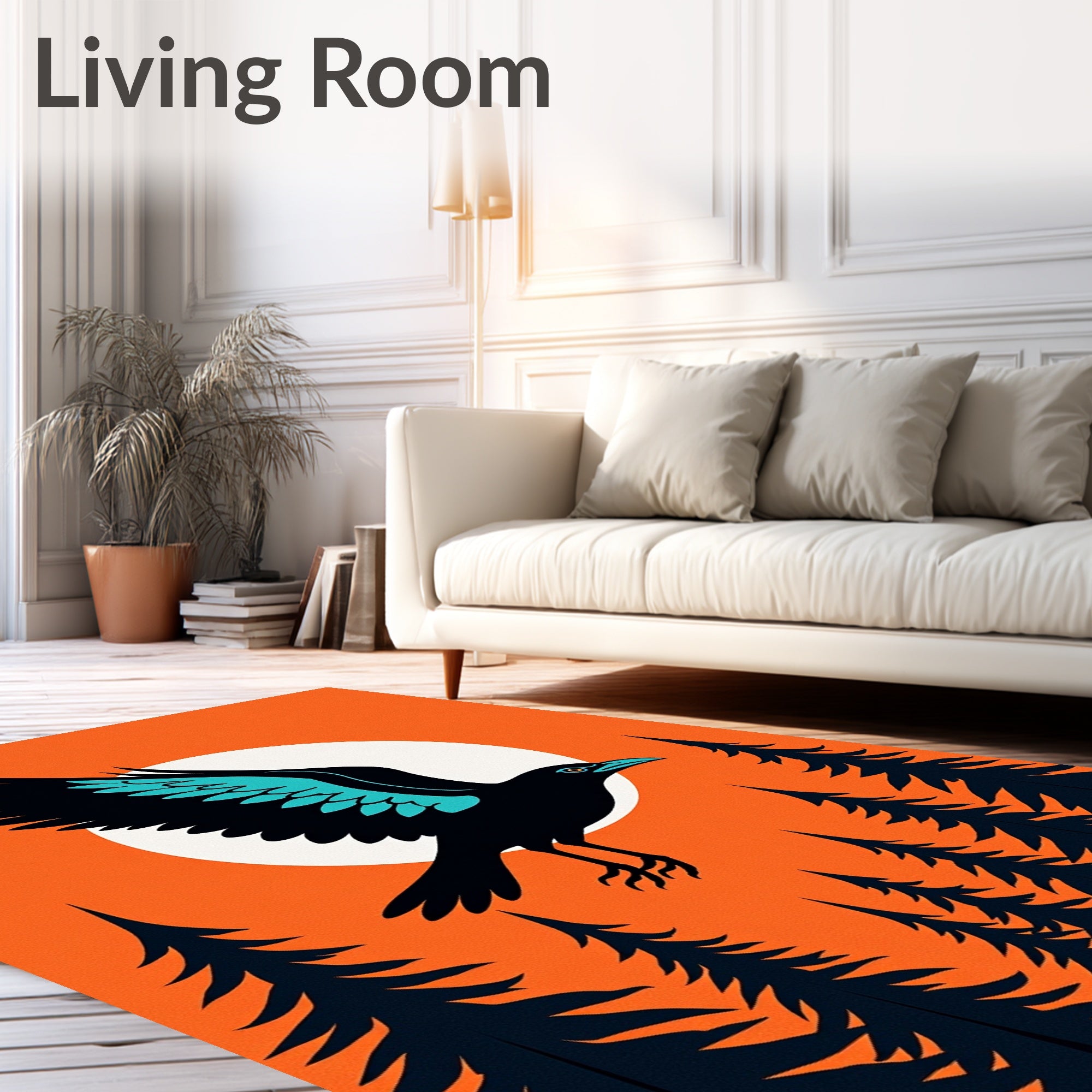 Bold Raven Flying Over Sunset Forest Rug