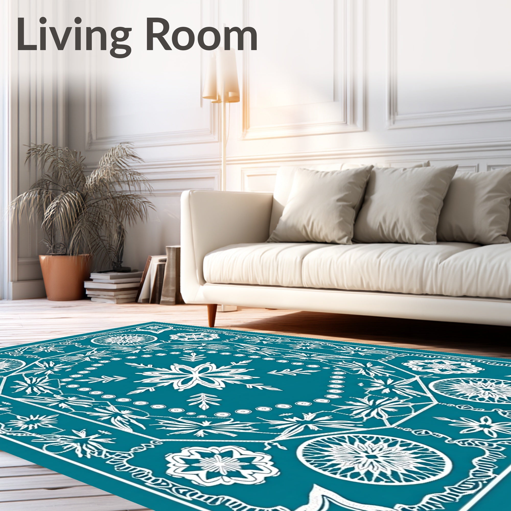 Teal White Symmetrical Mandala Floral Rug