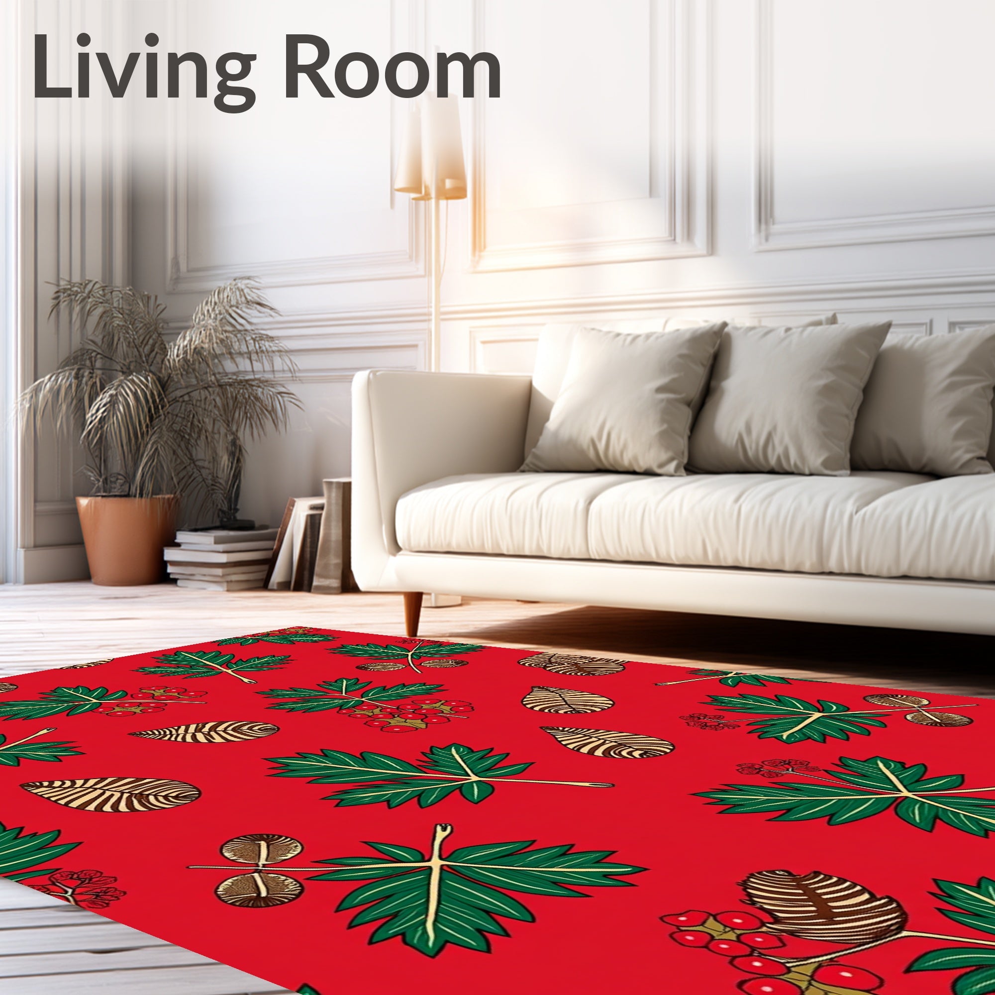 Festive Red Green Berry Leaf Arrangement Rug