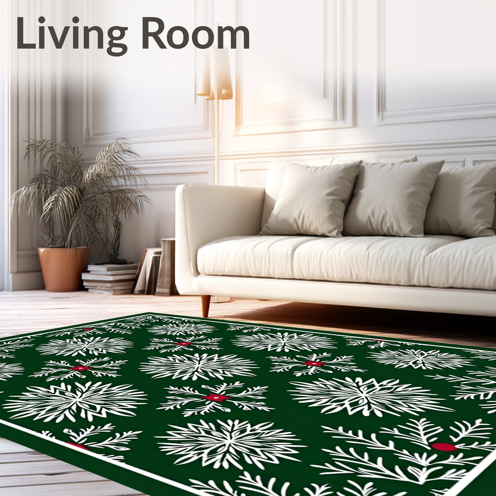Deep Green White Snowflake Berry Scene Rug