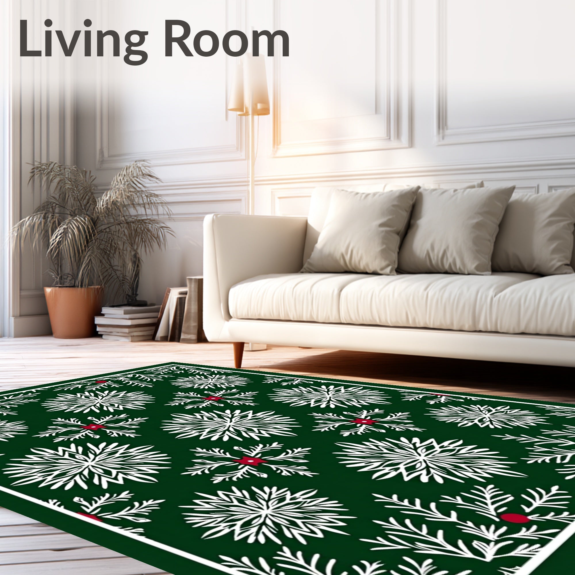 Deep Green White Snowflake Berry Scene Rug