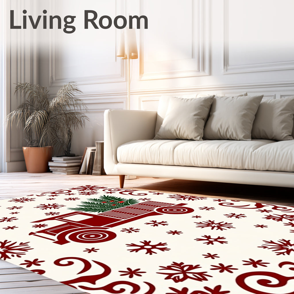 Crimson Truck Delivering Evergreen Snowflakes Rug