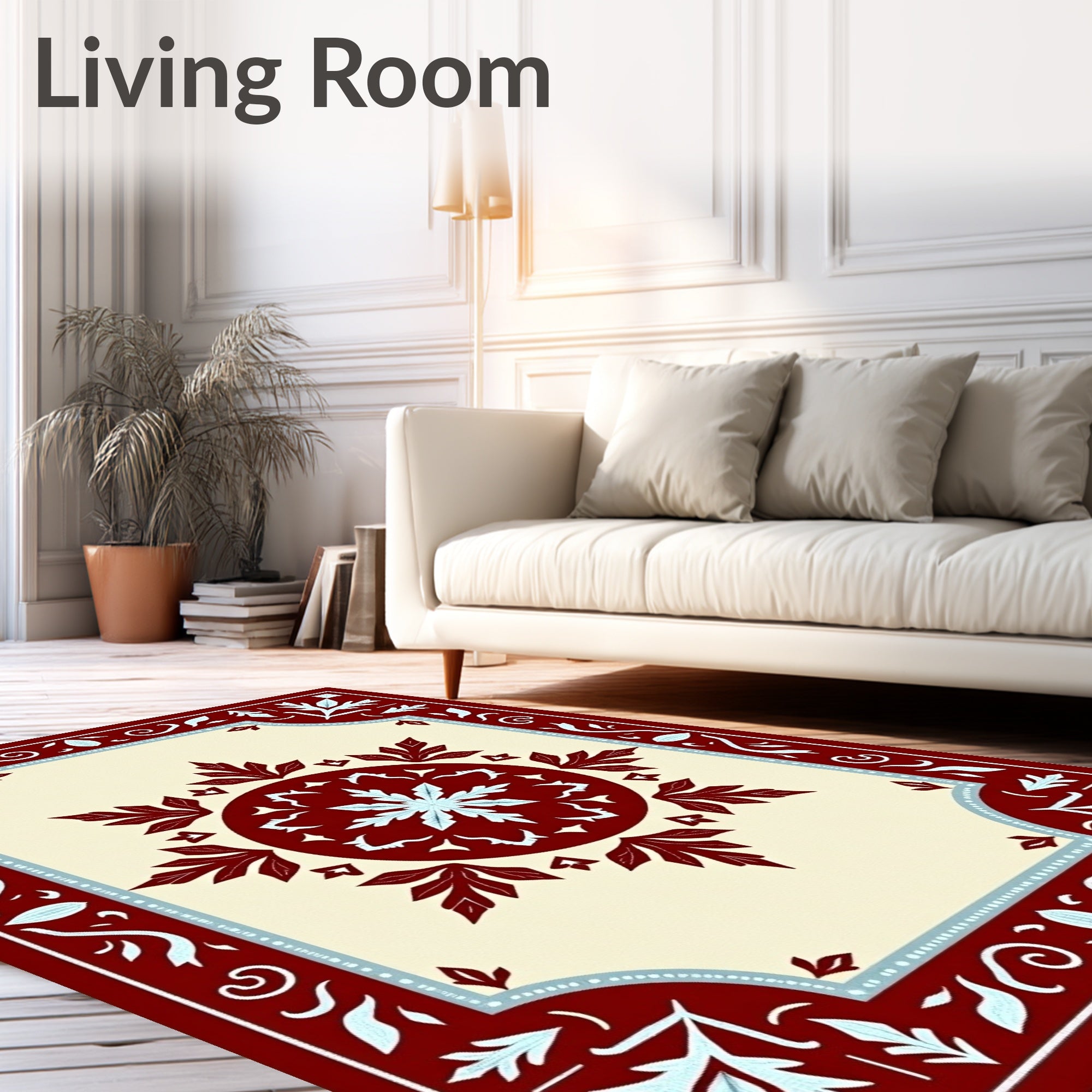 Crimson Leaf Medallion Ivory Border Rug