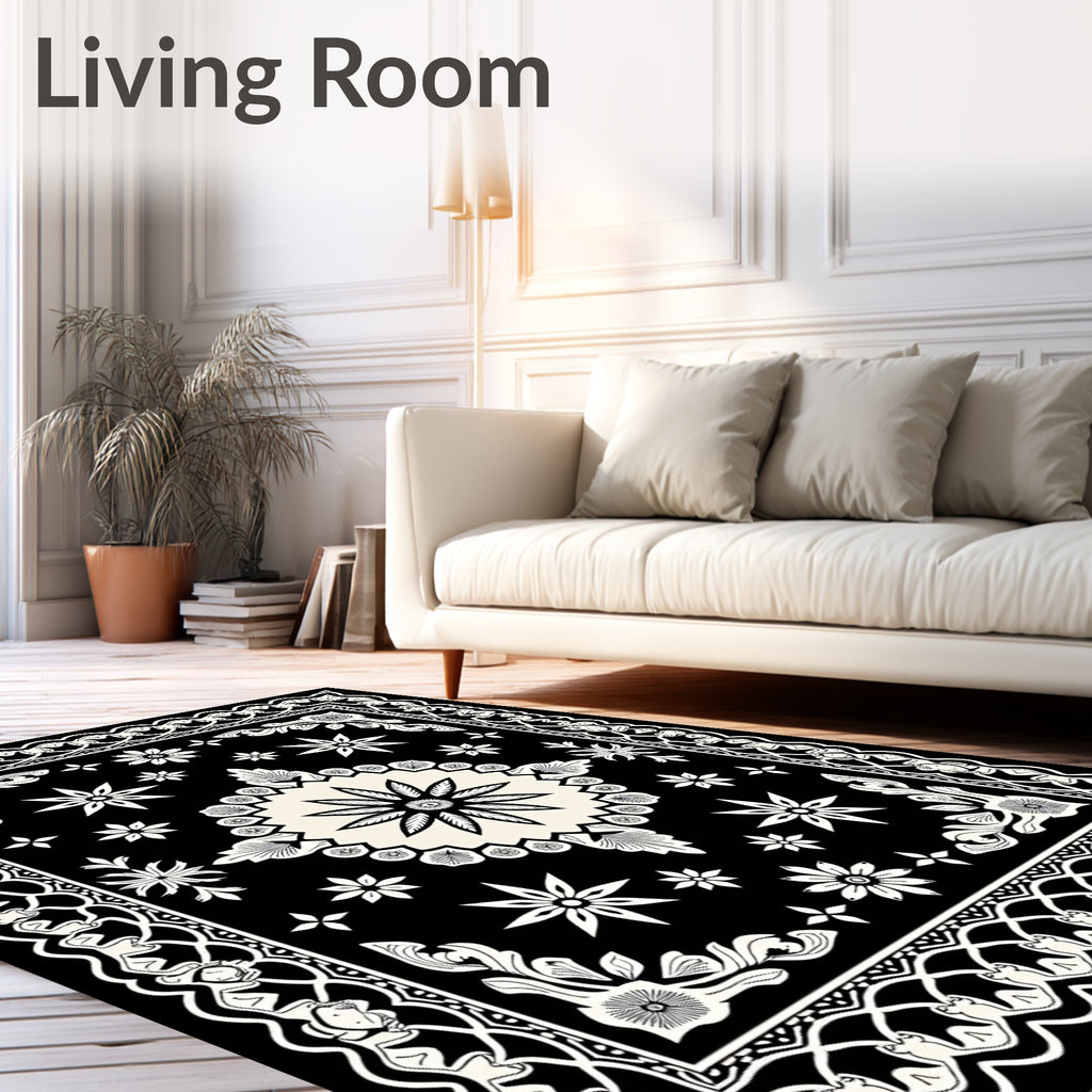 Black Cream Floral Medallion Corner Rug