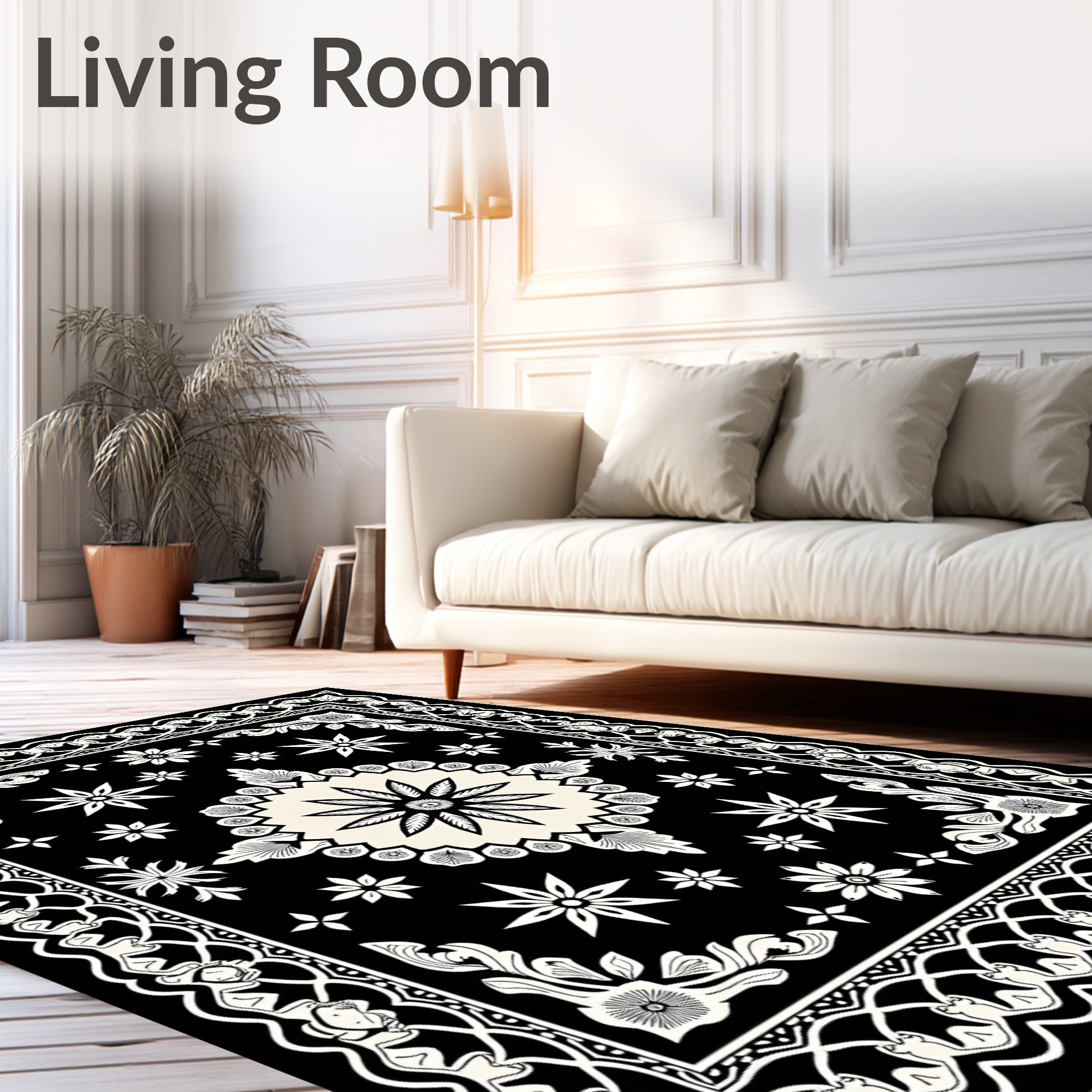 Black Cream Floral Medallion Corner Rug