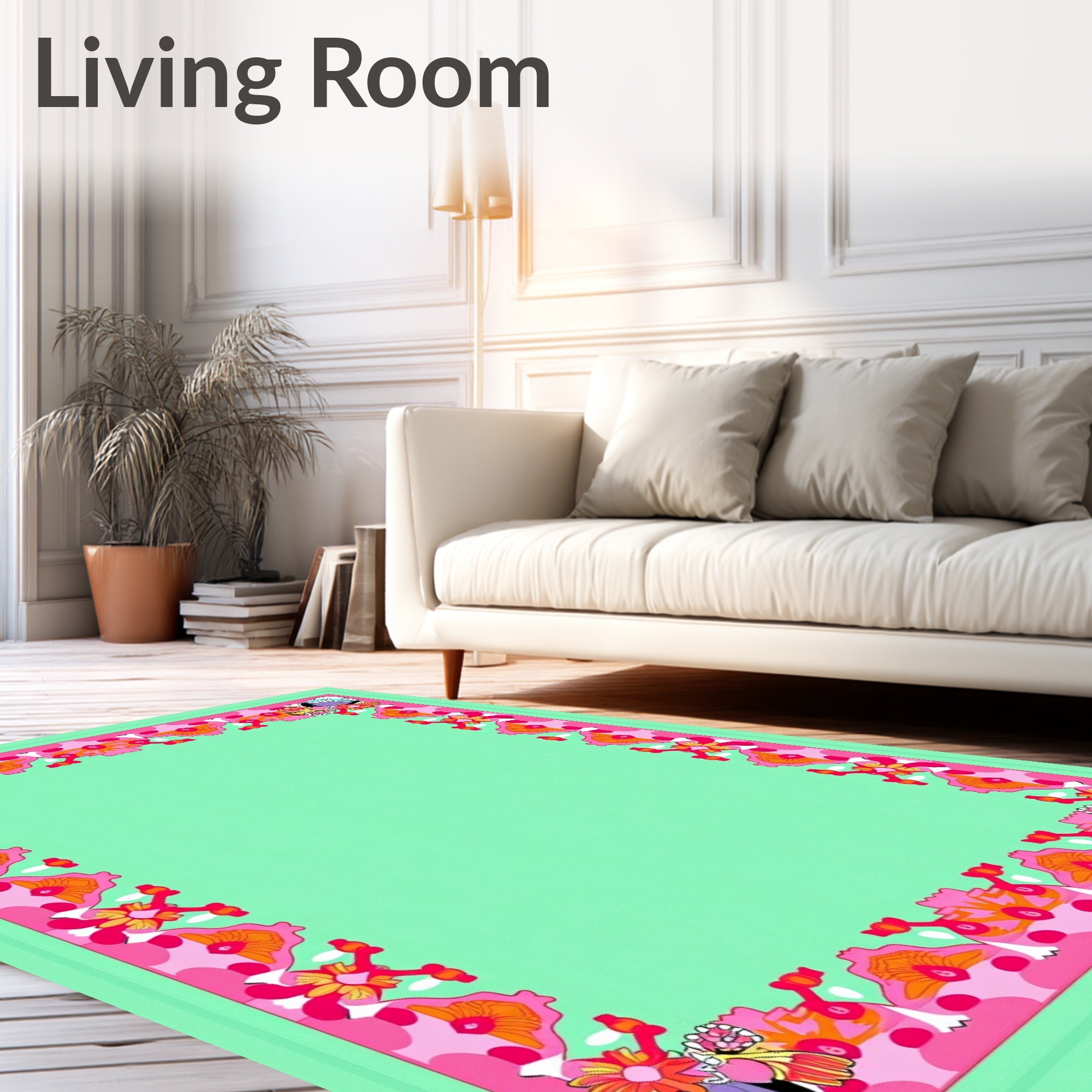 Vibrant Pink Mint Floral Border Rug
