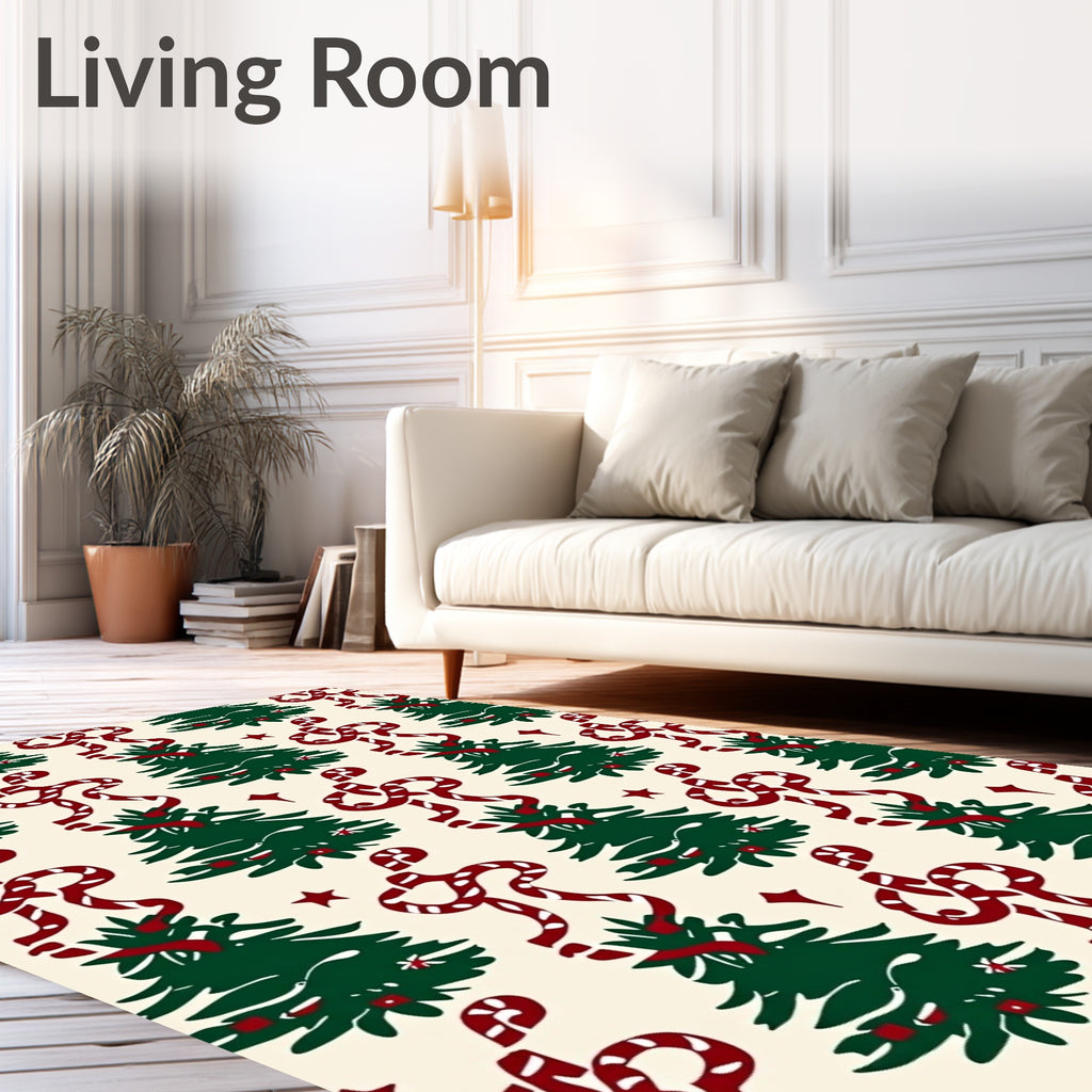 Festive Green Christmas Trees Ribbon Accents Rug