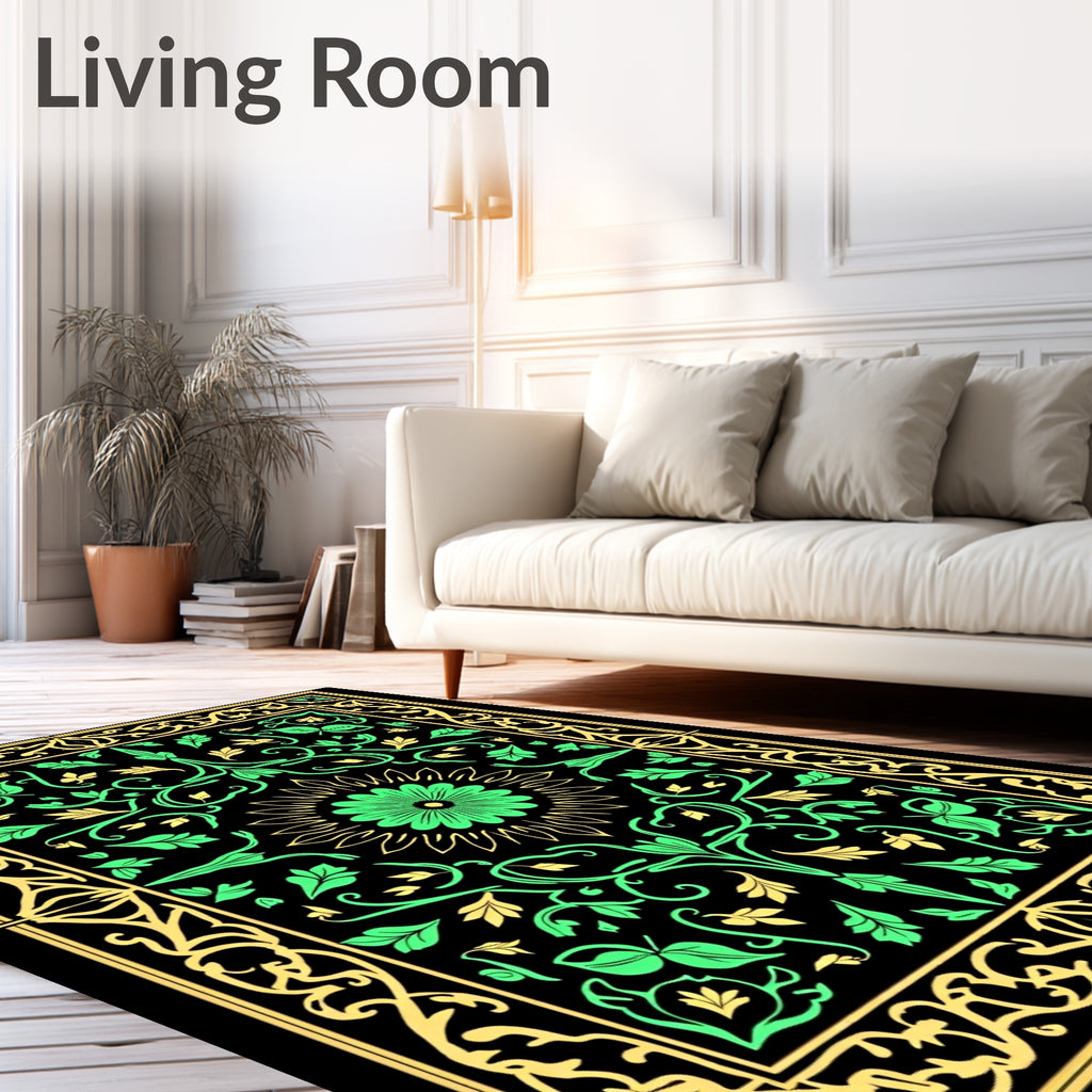 Emerald Gold Floral Mandala Border Rug