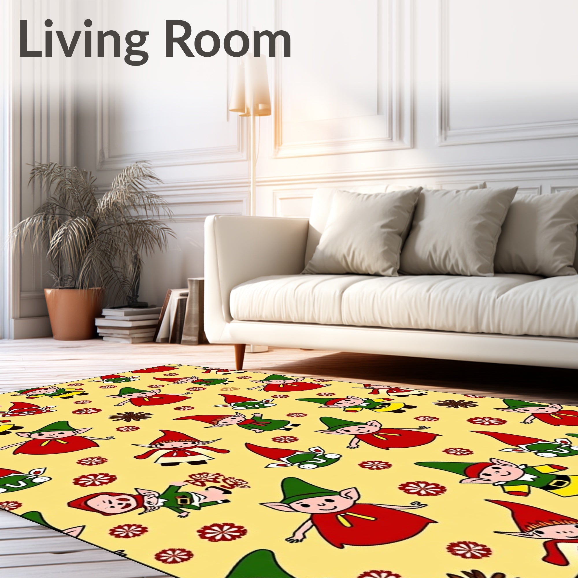 Whimsical Red Green Elves Yellow Background Rug