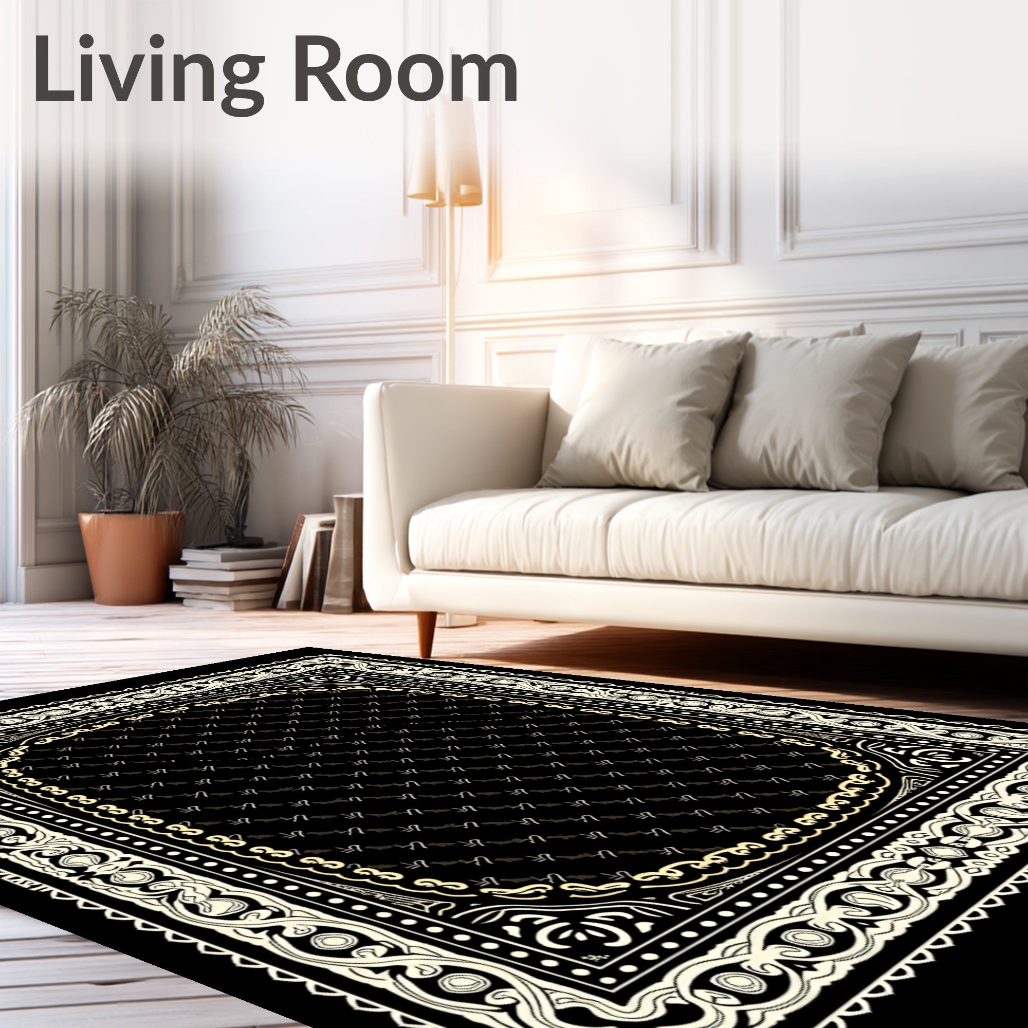 Eclectic Black Cream Border Detail Rug