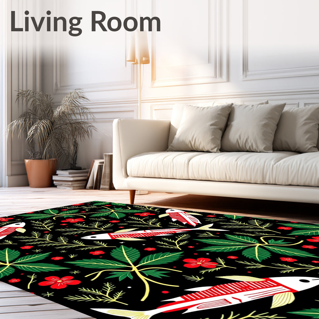 Red White Fish And Green Leaves Rug