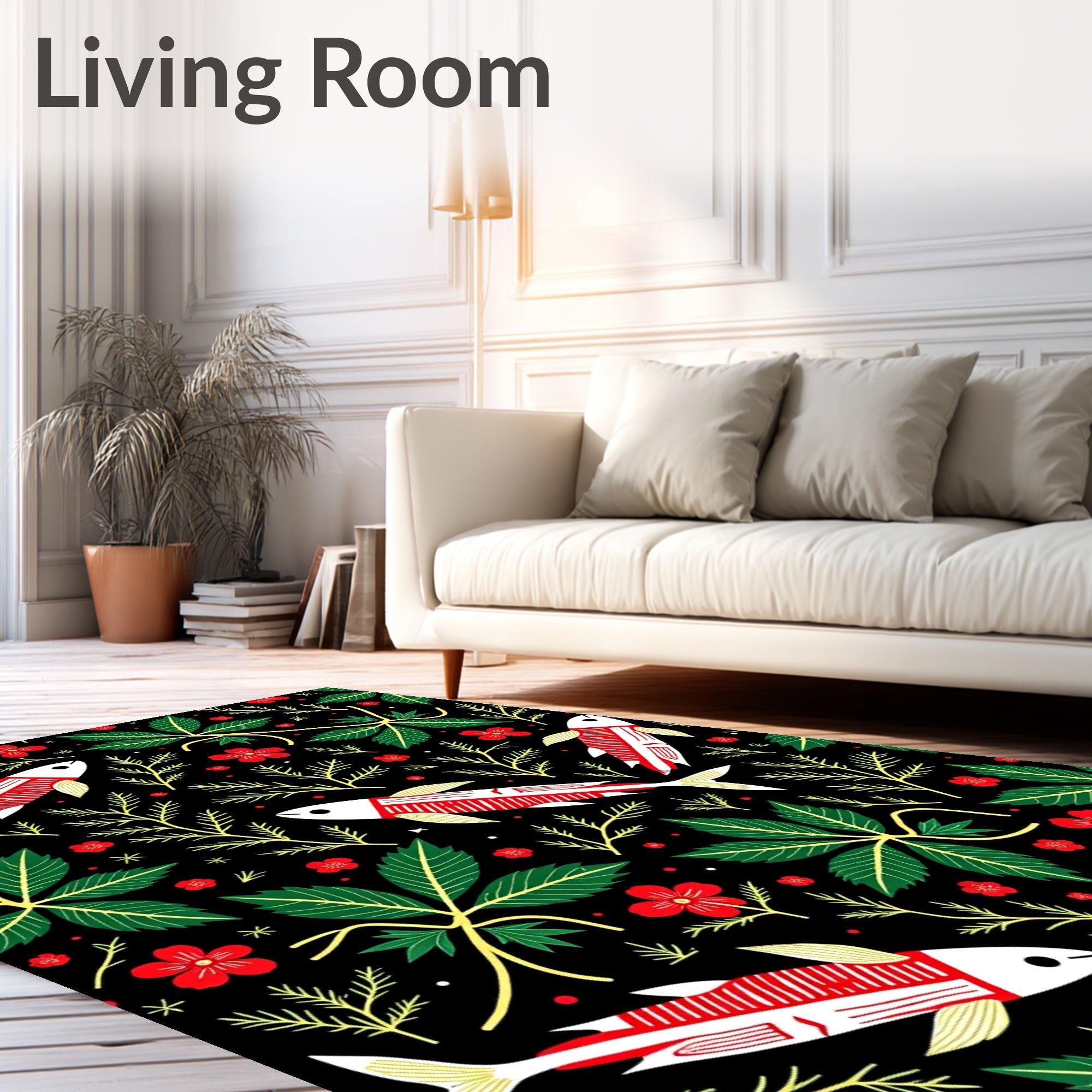 Red White Fish And Green Leaves Rug