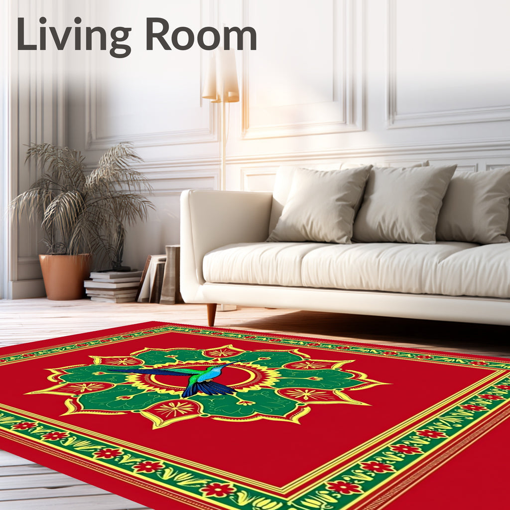 Vibrant Emerald Hummingbird Floral Medallion Rug