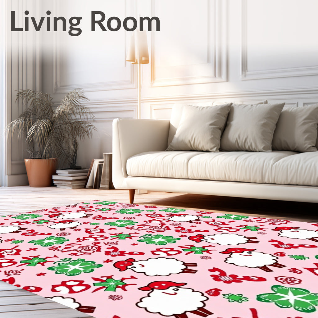 Pink White Sheep Clover Red Accents Rug