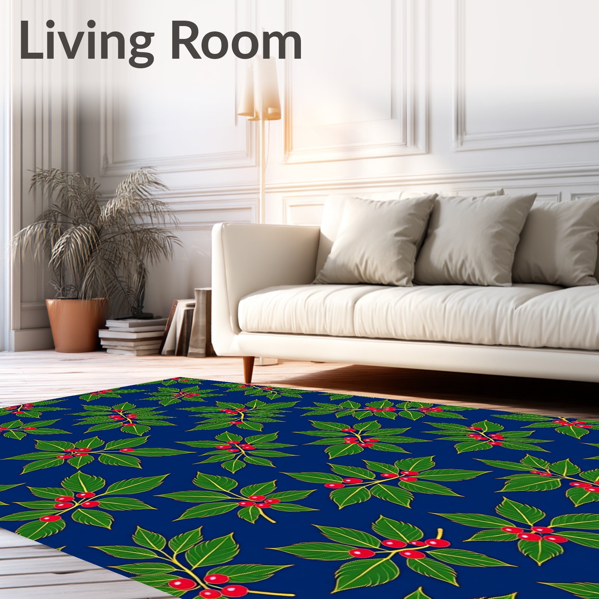 Green Holly Berry Branches Dark Blue Rug
