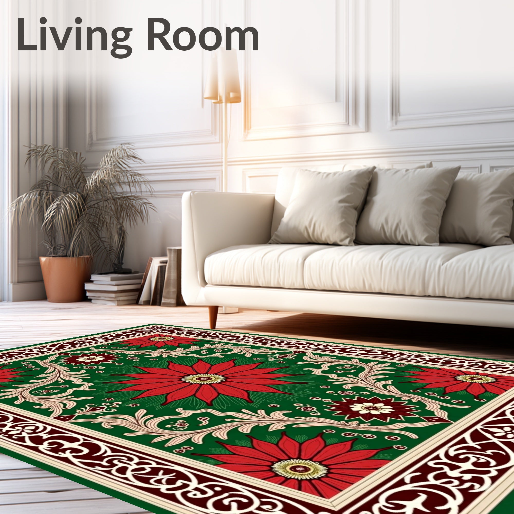 Red Floral Vines Emerald Border Rug